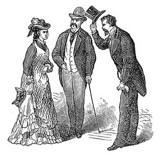 a gentleman tips his hat to a couple